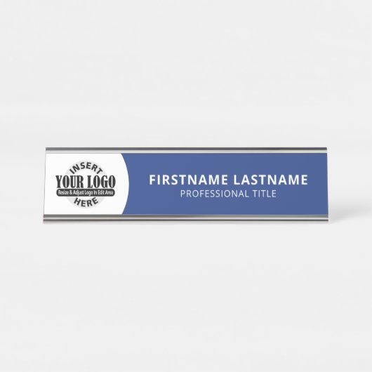 Navy モダン Blue and White – ロゴ、名前、タイトルの追加 デスクネームプレート (正面)