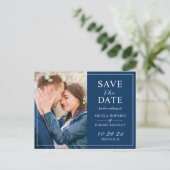 Navy モダン Blue Budget Photo Save the Date ポストカード (スタンド正面)