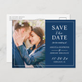 Navy モダン Blue Budget Photo Save the Date ポストカード (正面/裏面)
