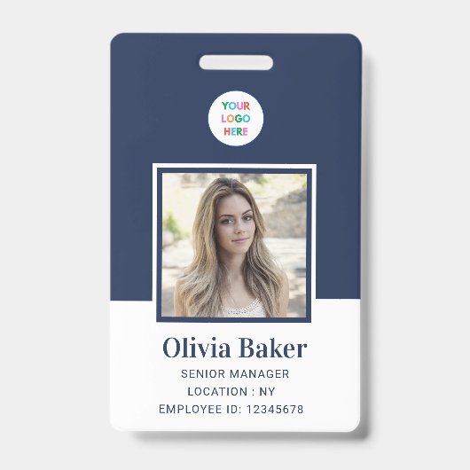 Navy モダン Blue Photo Barcode Businessロゴ名 バッジ (正面)