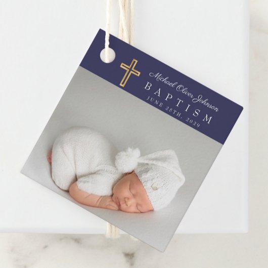 Navy モダン Blue Scriptフォトバプテスマありがとう フェイバータグ