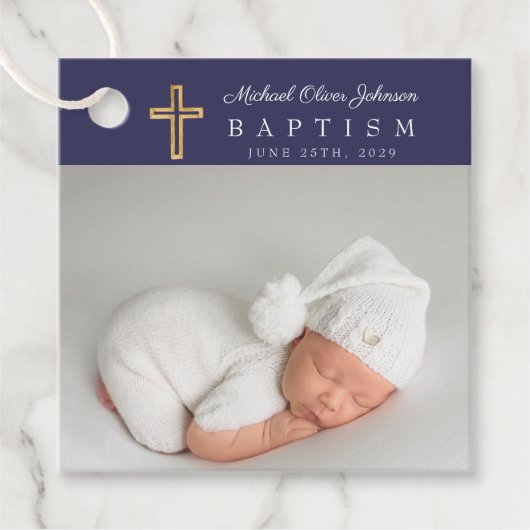 Navy モダン Blue Scriptフォトバプテスマありがとう フェイバータグ (正面)