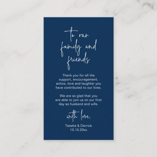 Navy モダン Blue Script,'s 結婚 Thank you エンクロージャーカード (正面)