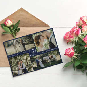 Navy モノグラムの Photo Collage結婚's Thank You サンキューカード