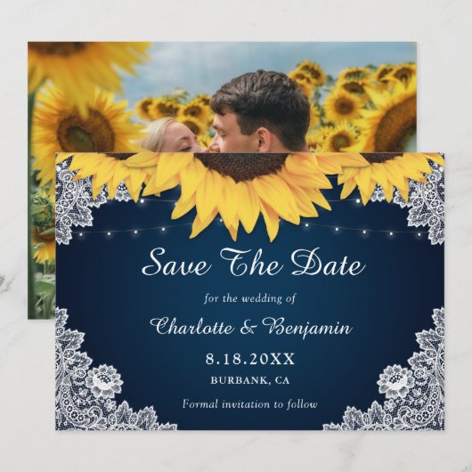 Navy 素朴 Sunflowerの結婚写真保存日 セーブザデート (正面/裏面)