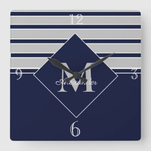Navy 航海の モダン GrayモノグラムMonogrammed Red スクエア壁時計