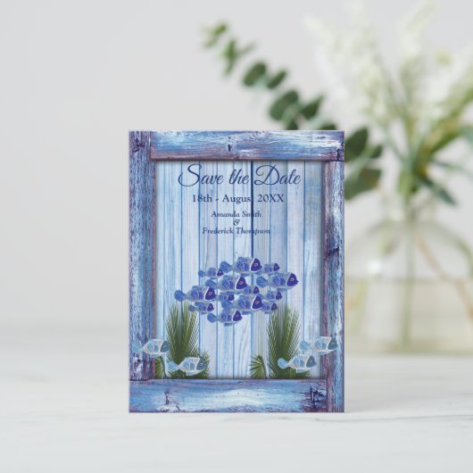 Navy – 青いテクスチャの下水魚の日付を保存 案内ポストカード (スタンド正面)