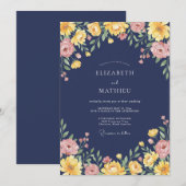 Navy Amber Floral Romantic Wedding 招待状 (正面/裏面)
