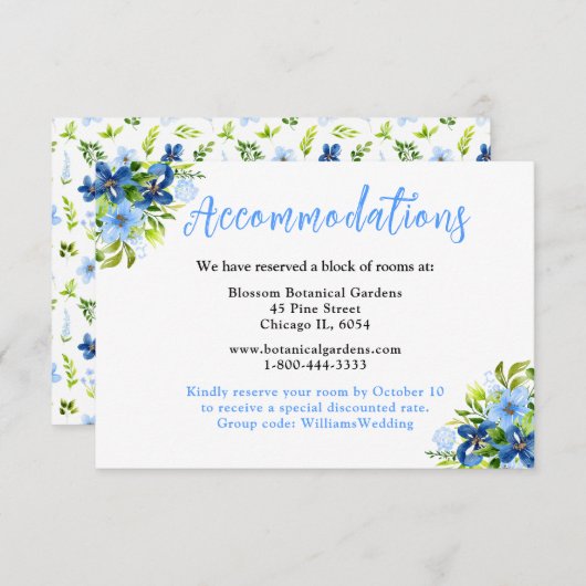 Navy and Baby Blueフローラ結婚の宿泊施設 エンクロージャーカード (正面/裏面)