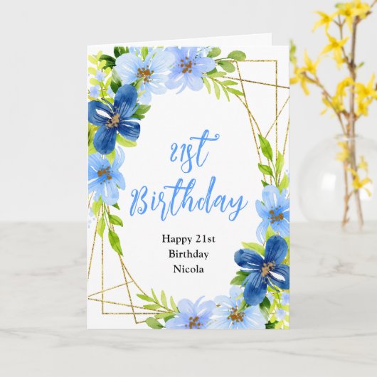 Navy and Baby Blue Floral Birthday カード (黄色い花)