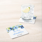 Navy and Baby Blue Floral Birthday スクエアペーパーコースター (インサイチュ)