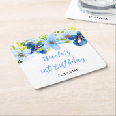 Navy and Baby Blue Floral Birthday スクエアペーパーコースター (アングル)