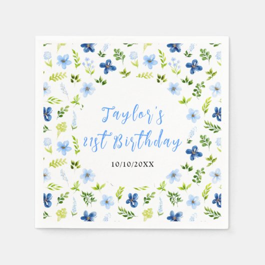 Navy and Baby Blue Floral Birthday スタンダードカクテルナプキン (正面)