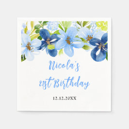 Navy and Baby Blue Floral Birthday スタンダードカクテルナプキン