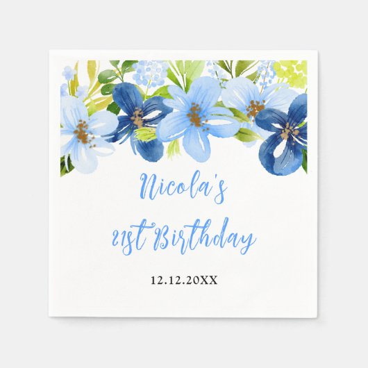 Navy and Baby Blue Floral Birthday スタンダードカクテルナプキン (正面)
