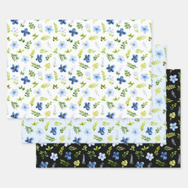 Navy and Baby Blue Flowers with Foliage Pattern ラッピングペーパーシート