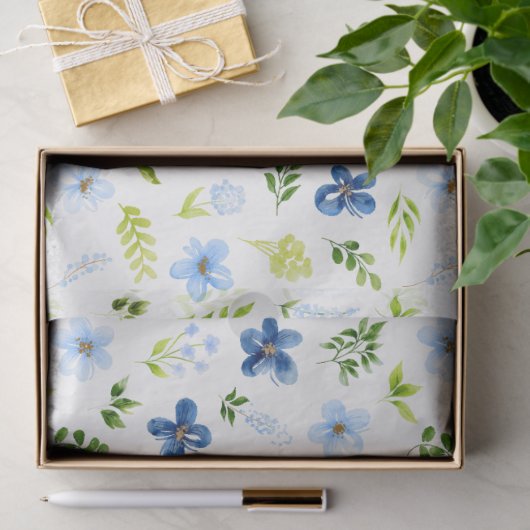 Navy and Baby Blue Flowers with Foliage Pattern 薄葉紙 (ギフト)