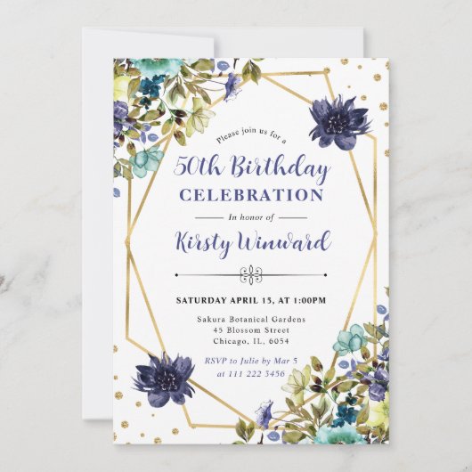 Navy and Blue Summer Flowersフレーム50誕生日 招待状 (正面)