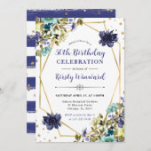 Navy and Blue Summer Flowersフレーム50誕生日 招待状 (正面/裏面)