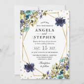 Navy and Blue Summer Flowers金ゴールド結婚枠 招待状 (正面)