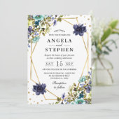 Navy and Blue Summer Flowers金ゴールド結婚枠 招待状 (スタンド正面)