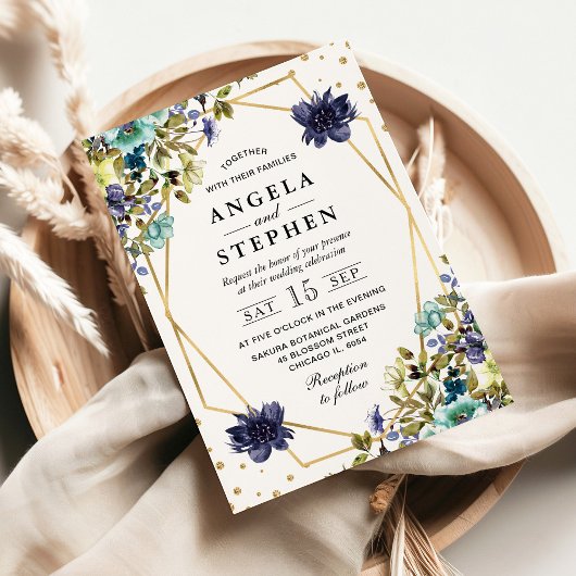 Navy and Blue Summer Flowers金ゴールド結婚枠 招待状