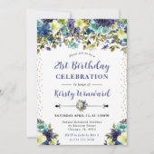 Navy and Blue Summer Flowers 21st Birthday 招待状 (正面)