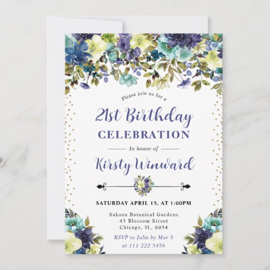 Navy and Blue Summer Flowers 21st Birthday 招待状 (正面)