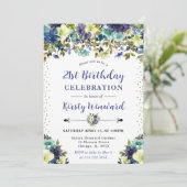 Navy and Blue Summer Flowers 21st Birthday 招待状 (スタンド正面)