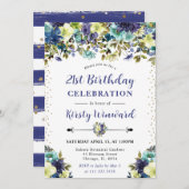 Navy and Blue Summer Flowers 21st Birthday 招待状 (正面/裏面)