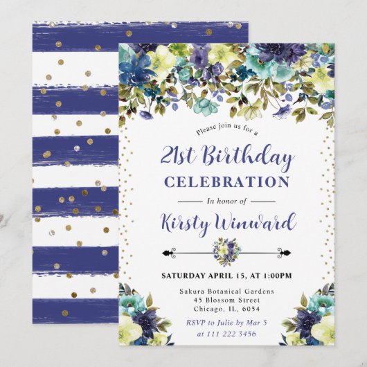 Navy and Blue Summer Flowers 21st Birthday 招待状 (正面/裏面)