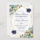 Navy and Blue Summer Flowers and Frame Sweet 16 招待状 (正面)