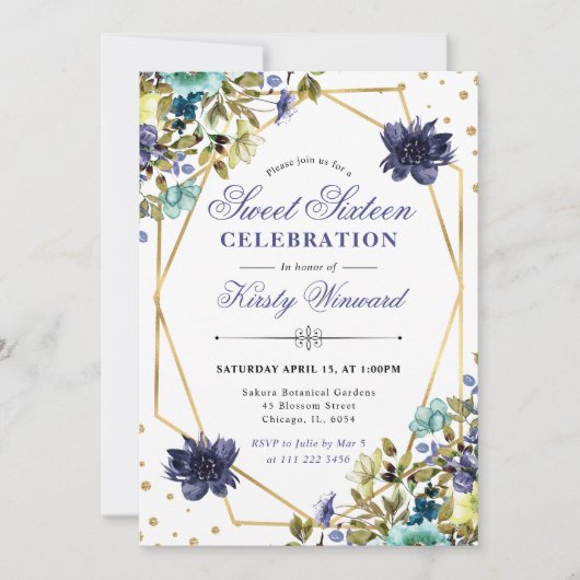 Navy and Blue Summer Flowers and Frame Sweet 16 招待状 (正面)