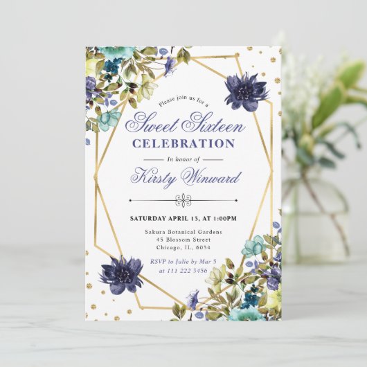 Navy and Blue Summer Flowers and Frame Sweet 16 招待状 (スタンド正面)