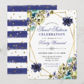 Navy and Blue Summer Flowers and Frame Sweet 16 招待状 (正面/裏面)