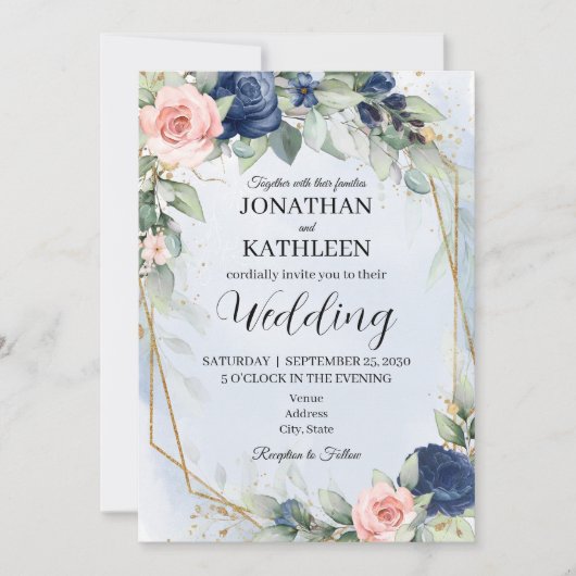 Navy and Blush Floral Wedding Invitation 招待状 (正面)