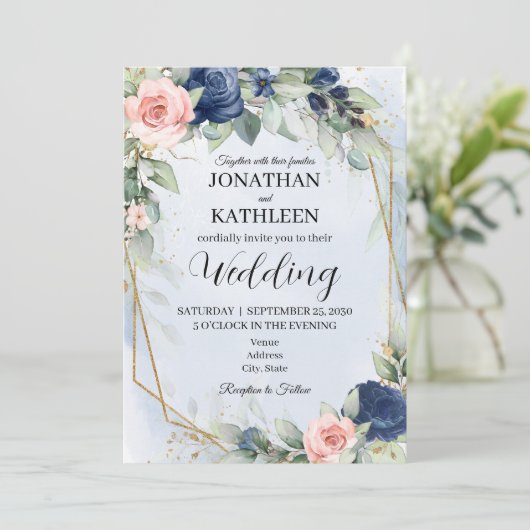 Navy and Blush Floral Wedding Invitation 招待状 (スタンド正面)