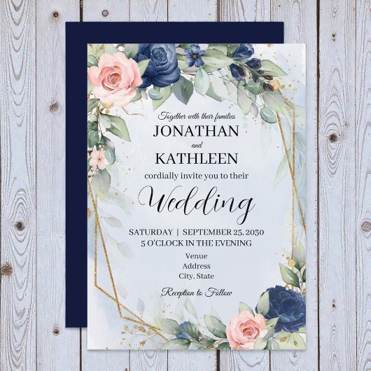Navy and Blush Floral Wedding Invitation 招待状
