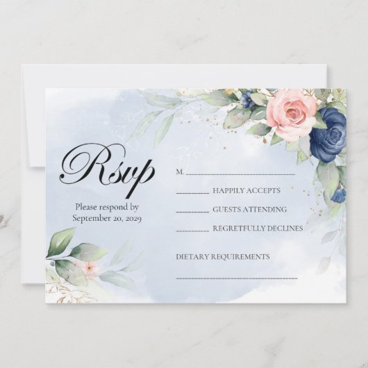Navy and Blush Floral Wedding RSVP 招待状 (正面)