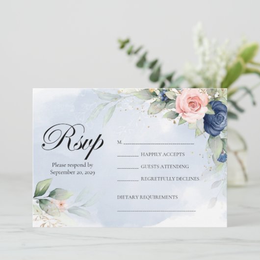 Navy and Blush Floral Wedding RSVP 招待状 (スタンド正面)