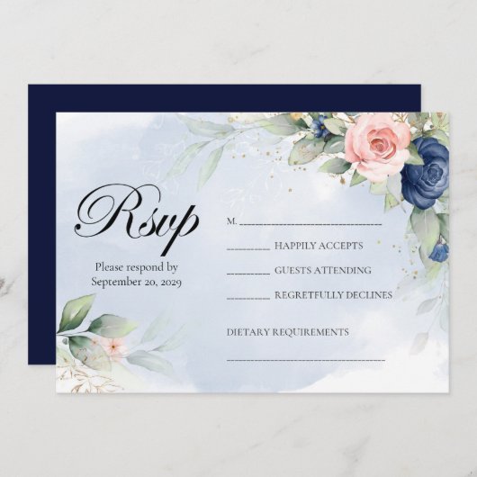 Navy and Blush Floral Wedding RSVP 招待状 (正面/裏面)