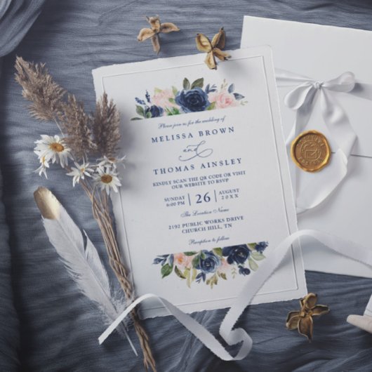 Navy and Blush Rustic Elegant Chic QR Code Wedding 招待状