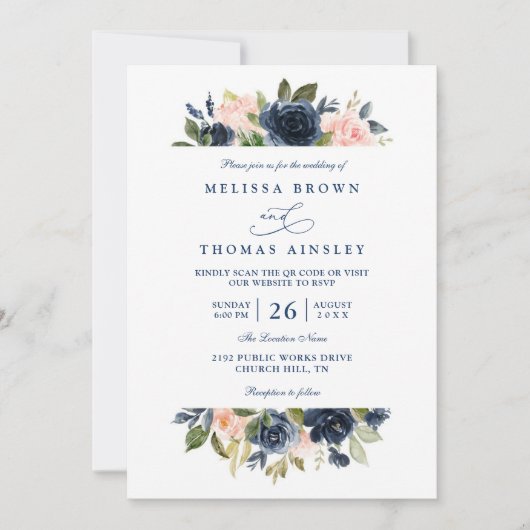 Navy and Blush Rustic Elegant Chic QR Code Wedding 招待状 (正面)