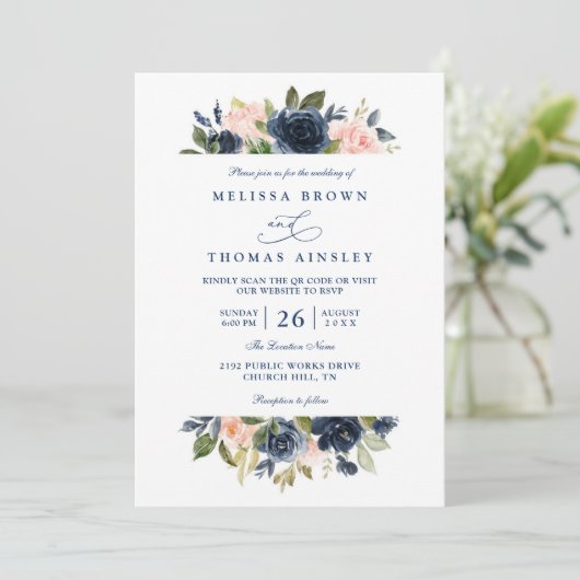Navy and Blush Rustic Elegant Chic QR Code Wedding 招待状 (スタンド正面)