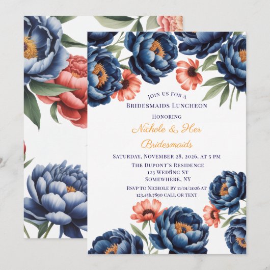 Navy and Burnt Orange Floral Bachelorette Party  招待状 (正面/裏面)