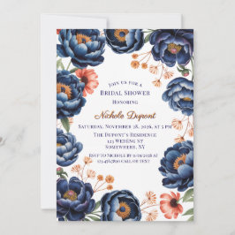 Navy and Burnt Orange Floral Bridal Shower 招待状