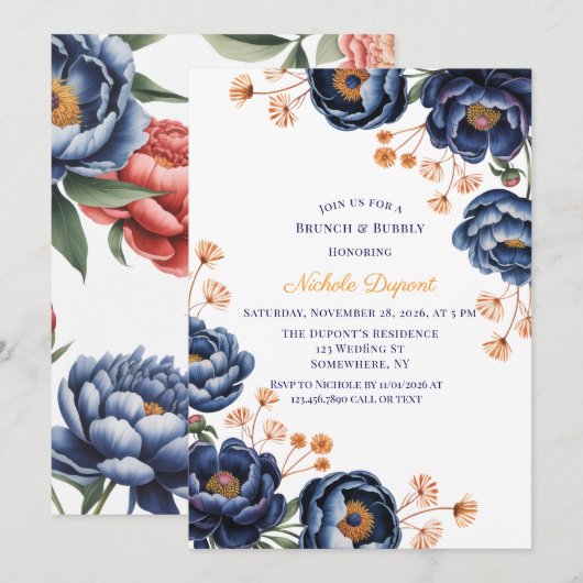 Navy and Burnt Orange Floral Brunch & Bubbly 招待状 (正面/裏面)
