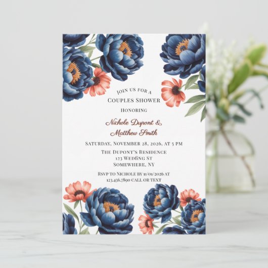 Navy and Burnt Orange Floral Couples Shower 招待状 (スタンド正面)