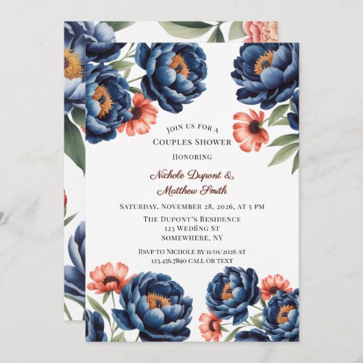 Navy and Burnt Orange Floral Couples Shower 招待状 (正面/裏面)
