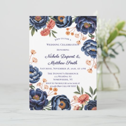 Navy and Burnt Orange Floral Wedding Celebration 招待状 (スタンド正面)